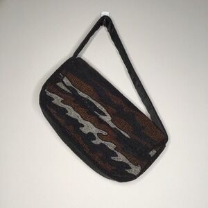 Vintage Beaded Baguette Bag Black Copper Silver Abstract Seed Bead Evening Purse